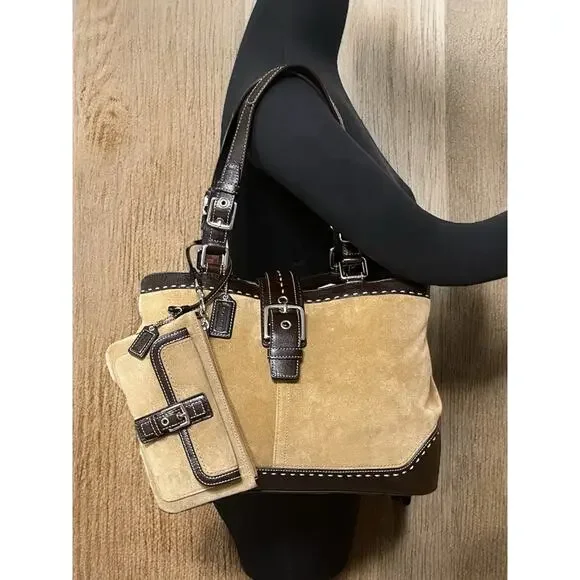 Y2K Coach F12620 Hamptons Suede Large Carryall Bag & Wristlet